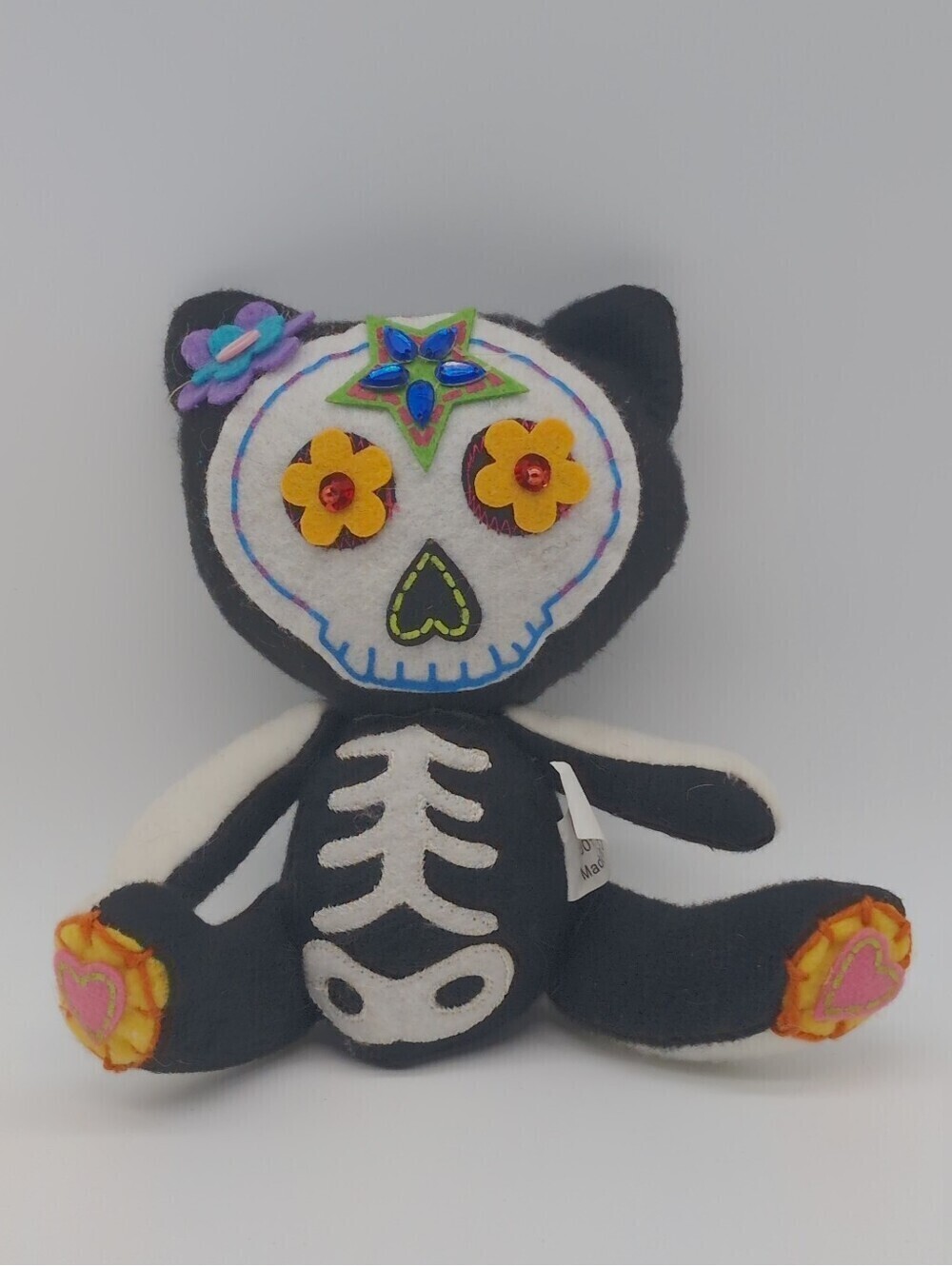 Black & White Sugar Skull Skeleton Cat Day Of The Dead Plush